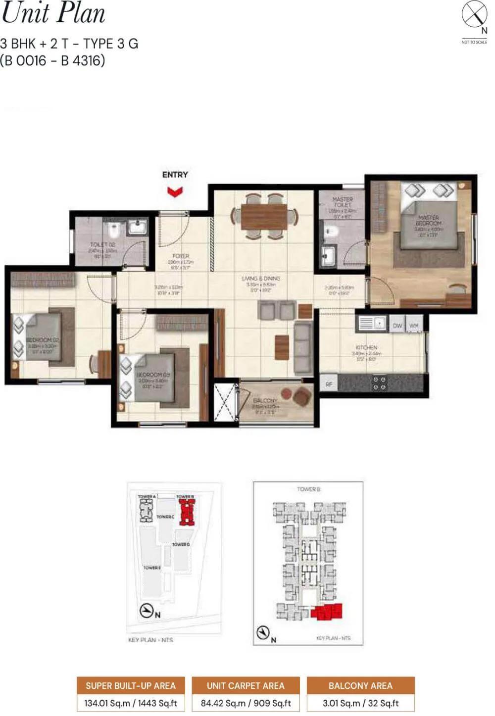 Brigade Belvedere 3 BHK floor plan, about 1,443 sq ft
