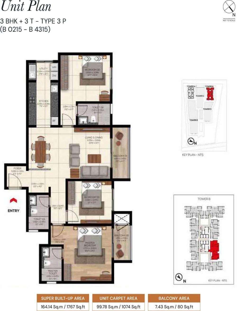 Brigade Belvedere 3 BHK floor plan, about 1,767 sq ft