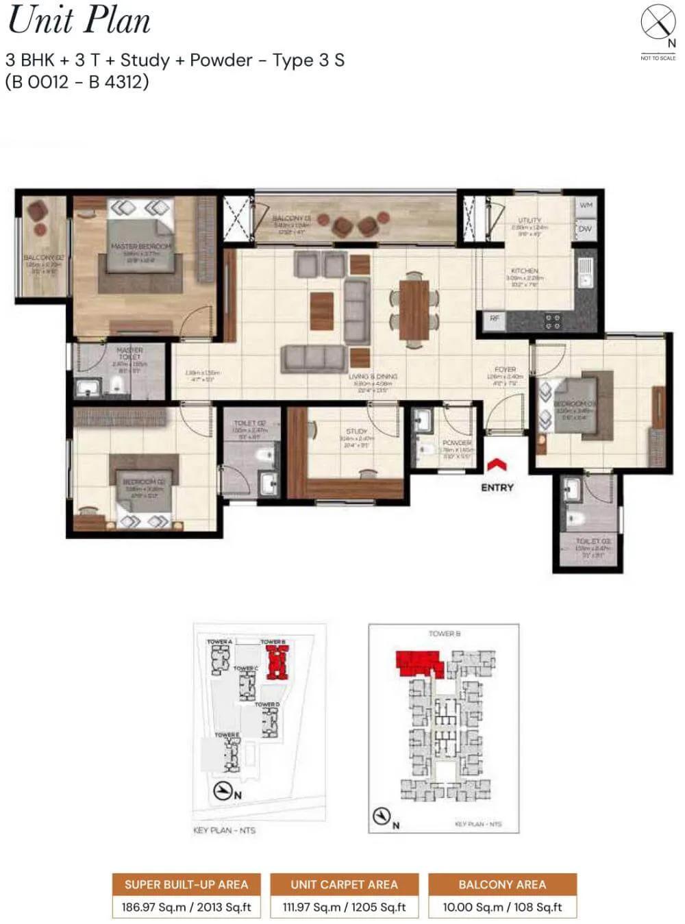 Brigade Belvedere 3 BHK floor plan, about 2,013 sq ft