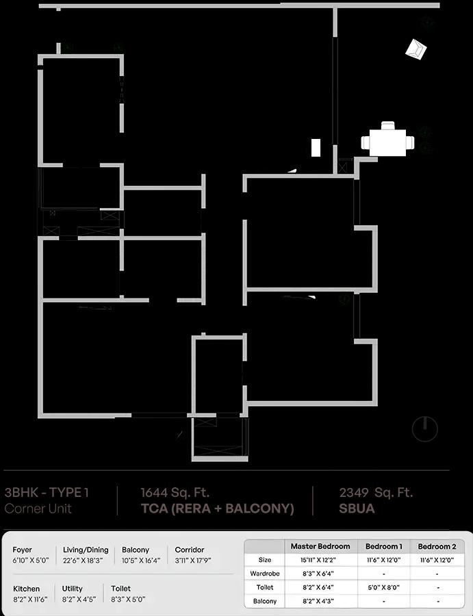 Assetz Codename Twin Lake City 3 BHK floor plan, about 2,349 sq ft