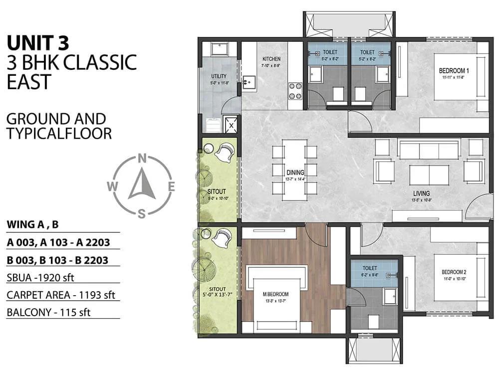 Sumadhura Sarang 3 BHK floor plan, about 1,920 sq ft