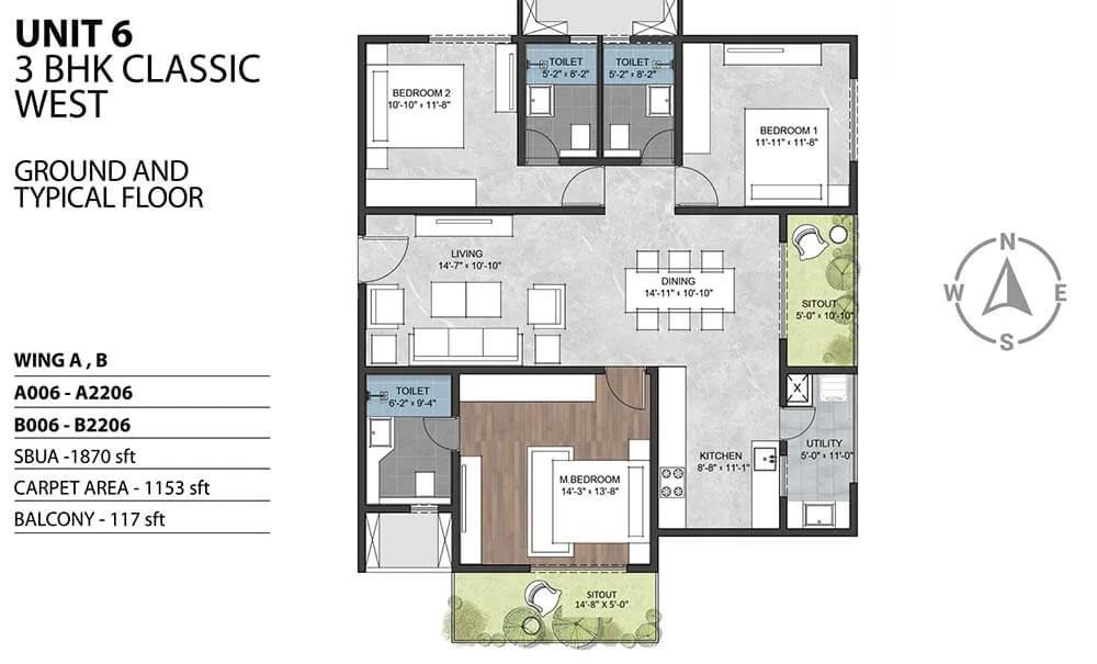 Sumadhura Sarang 3 BHK floor plan, about 1,870 sq ft