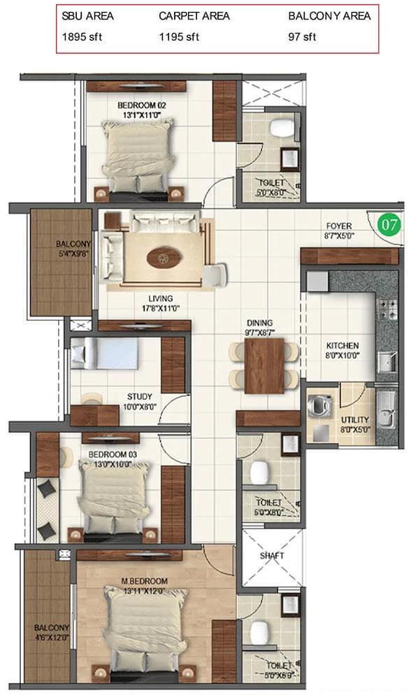 Sumadhura Folium Phase 4 4 BHK floor plan, about 1,895 sq ft
