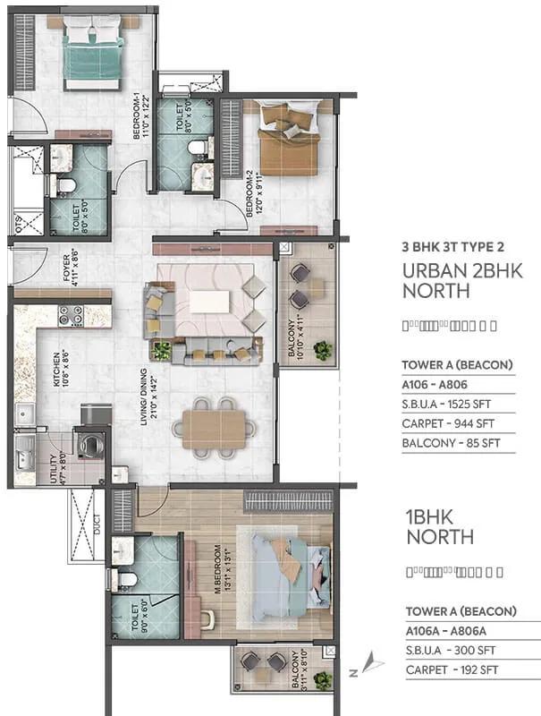 Sumadhura Capitol Residences 1 BHK floor plan, about 1,525 sq ft