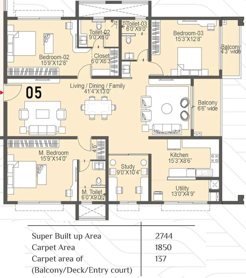 Sattva Lakeridge 3 BHK floor plan, about 2,744 sq ft