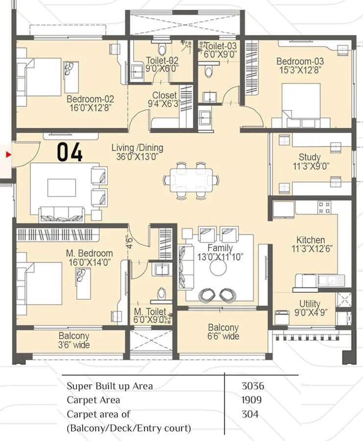 Sattva Lakeridge 3 BHK floor plan, about 3,036 sq ft