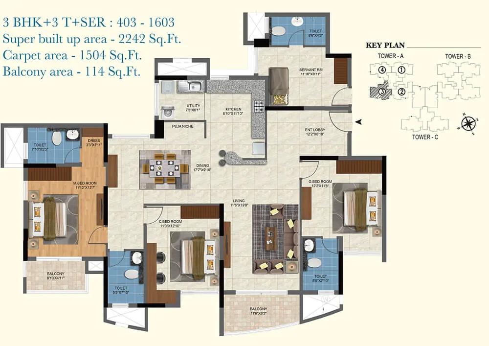 Salarpuria Sattva Aqua Vista 3 BHK floor plan, about 2,242 sq ft