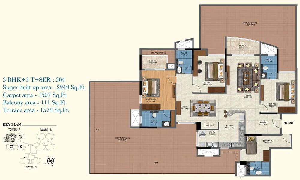 Salarpuria Sattva Aqua Vista 3 BHK floor plan, about 2,249 sq ft