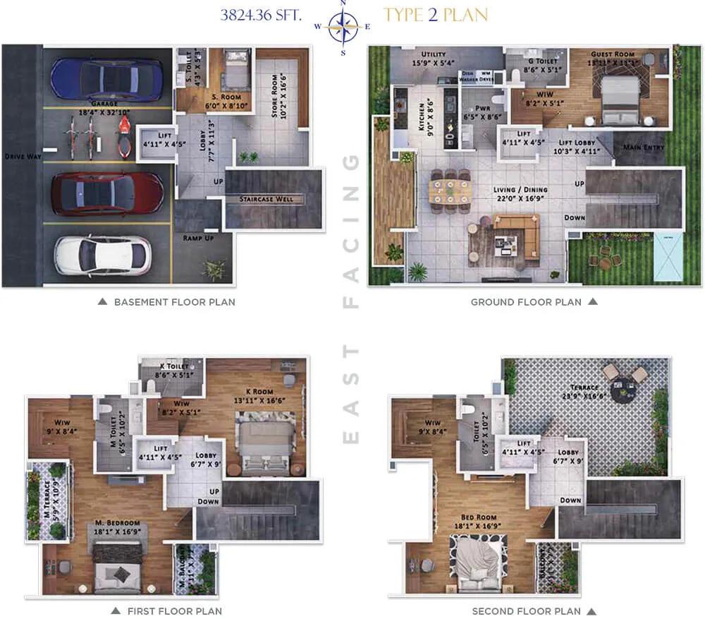 Sattva Springs 4 BHK floor plan, about 3,824 sq ft