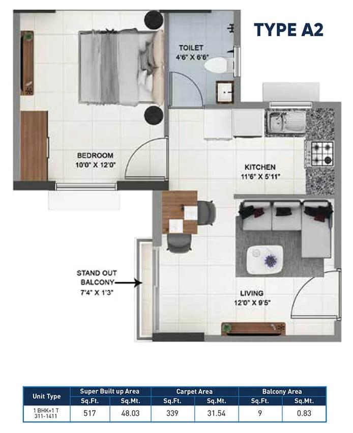 Sattva Ashraya 1 BHK floor plan, about 517 sq ft