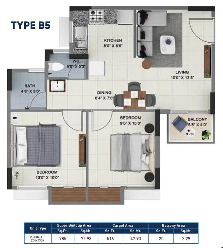 Sattva Ashraya 2 BHK floor plan, about 785 sq ft
