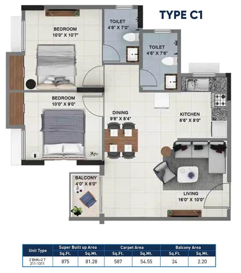 Sattva Ashraya 2 BHK floor plan, about 875 sq ft