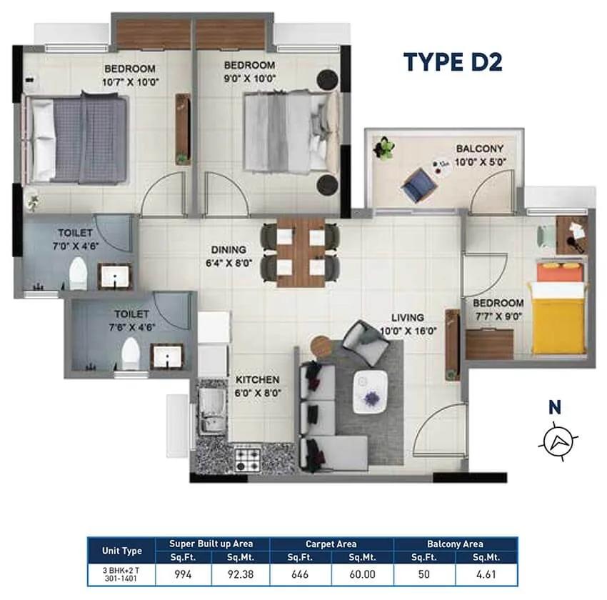 Sattva Ashraya 3 BHK floor plan, about 994 sq ft