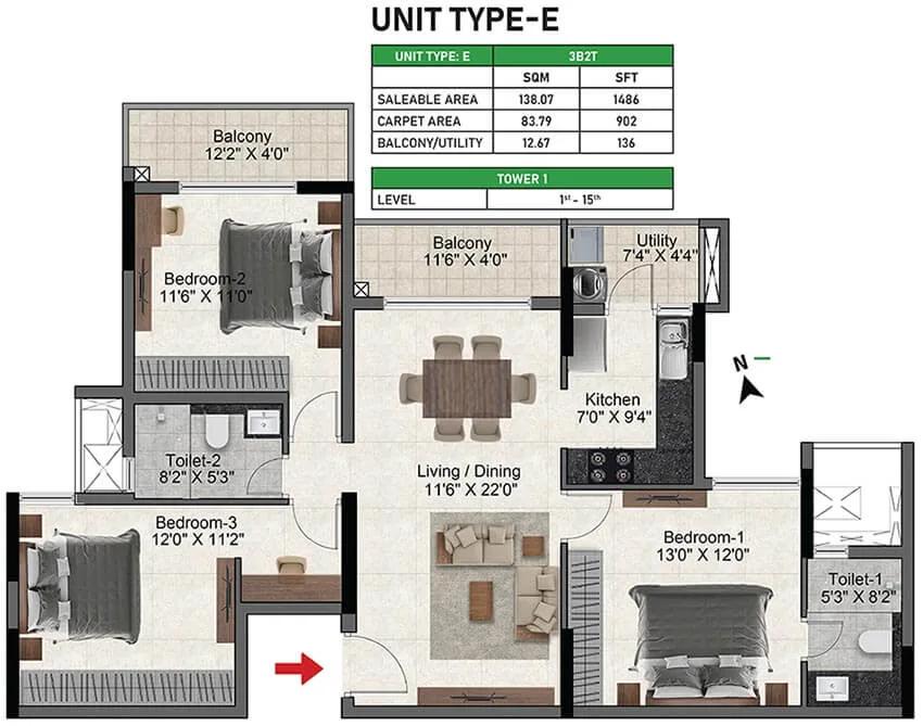 Prestige Glenbrook 3 BHK floor plan, about 1,486 sq ft