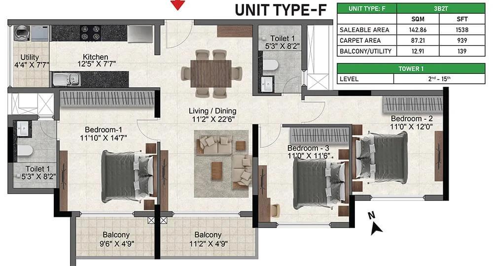 Prestige Glenbrook 3 BHK floor plan, about 1,538 sq ft