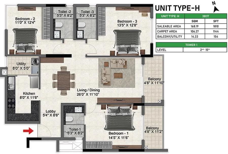 Prestige Glenbrook 3 BHK floor plan, about 1,810 sq ft