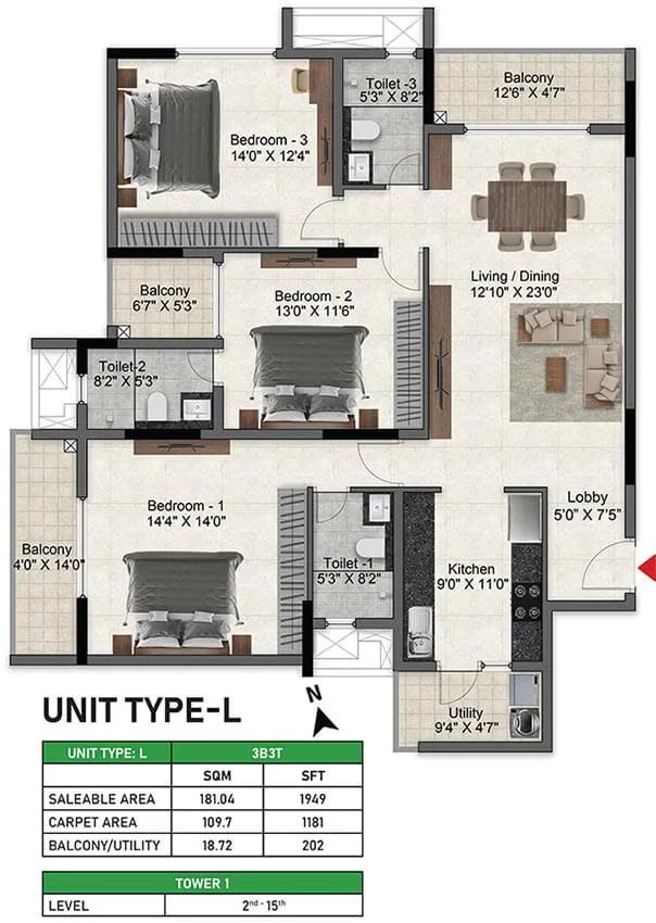 Prestige Glenbrook 3 BHK floor plan, about 1,949 sq ft