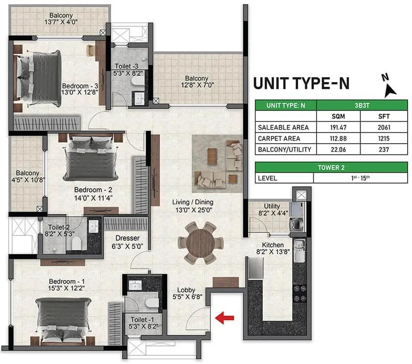 Prestige Glenbrook 3 BHK floor plan, about 2,061 sq ft