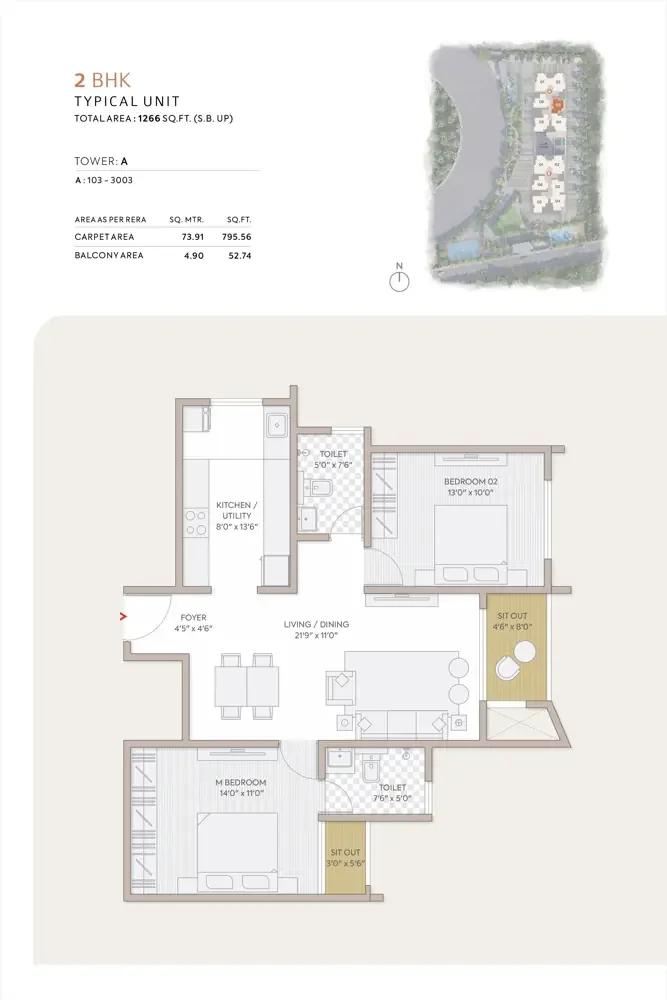 Orchid South Park 2 BHK floor plan, about 1,266 sq ft