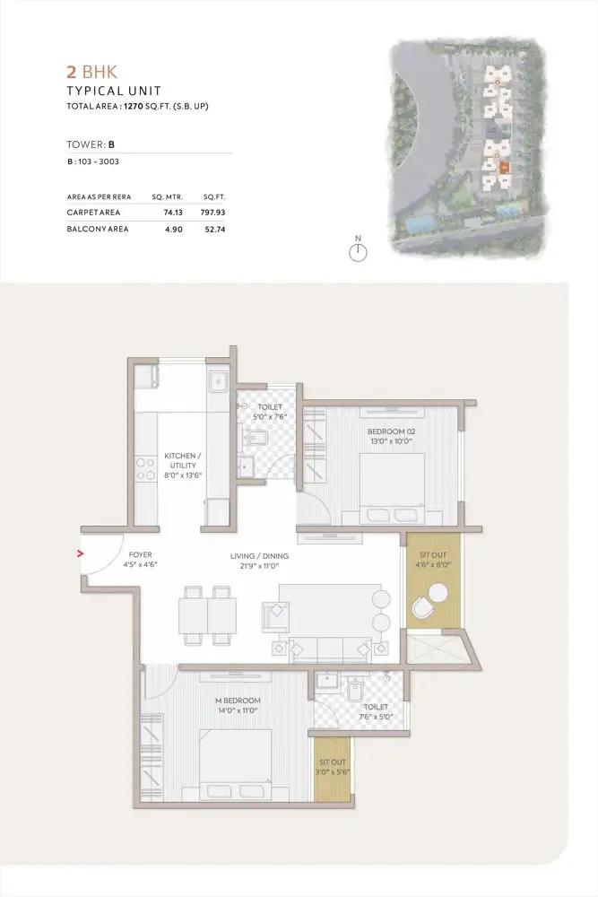 Orchid South Park 2 BHK floor plan, about 1,270 sq ft