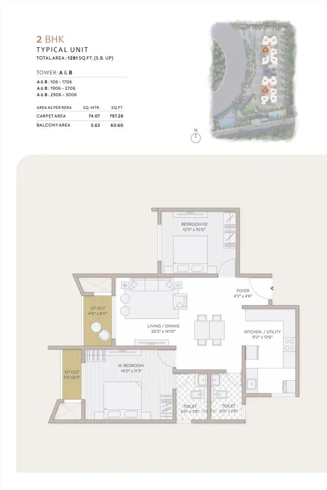 Orchid South Park 2 BHK floor plan, about 1,281 sq ft