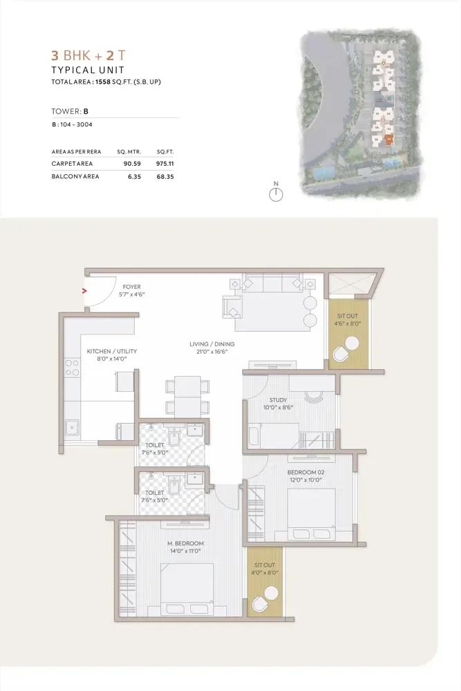 Orchid South Park 3 BHK floor plan, about 1,558 sq ft