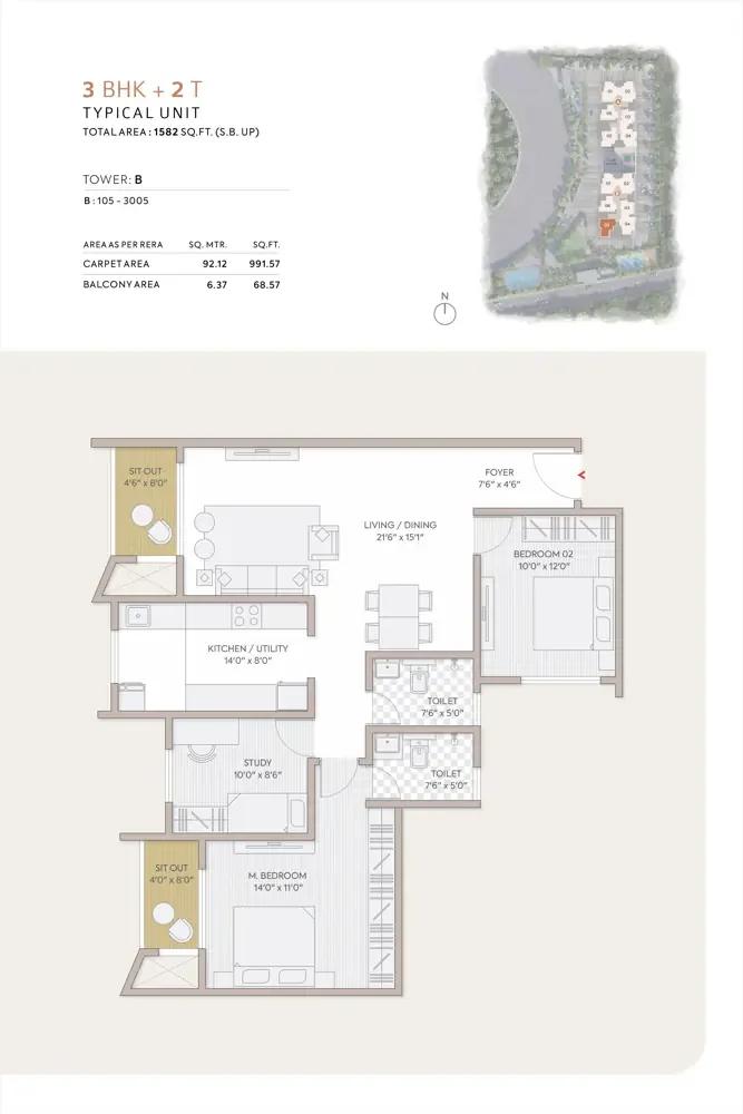 Orchid South Park 3 BHK floor plan, about 1,582 sq ft