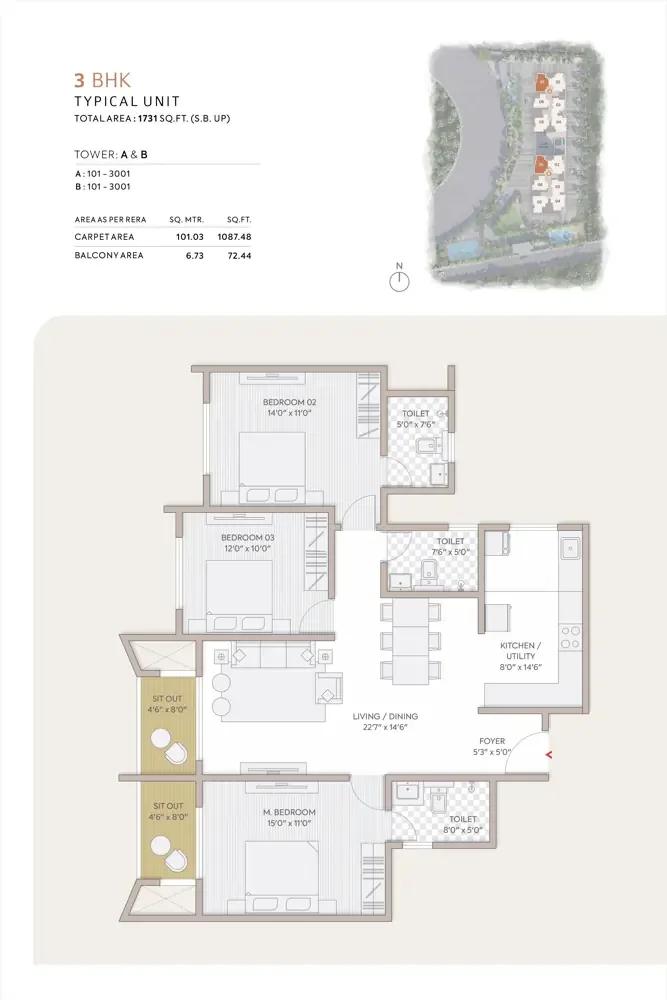 Orchid South Park 3 BHK floor plan, about 1,731 sq ft