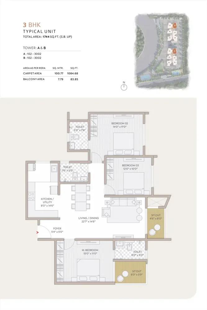 Orchid South Park 3 BHK floor plan, about 1,744 sq ft