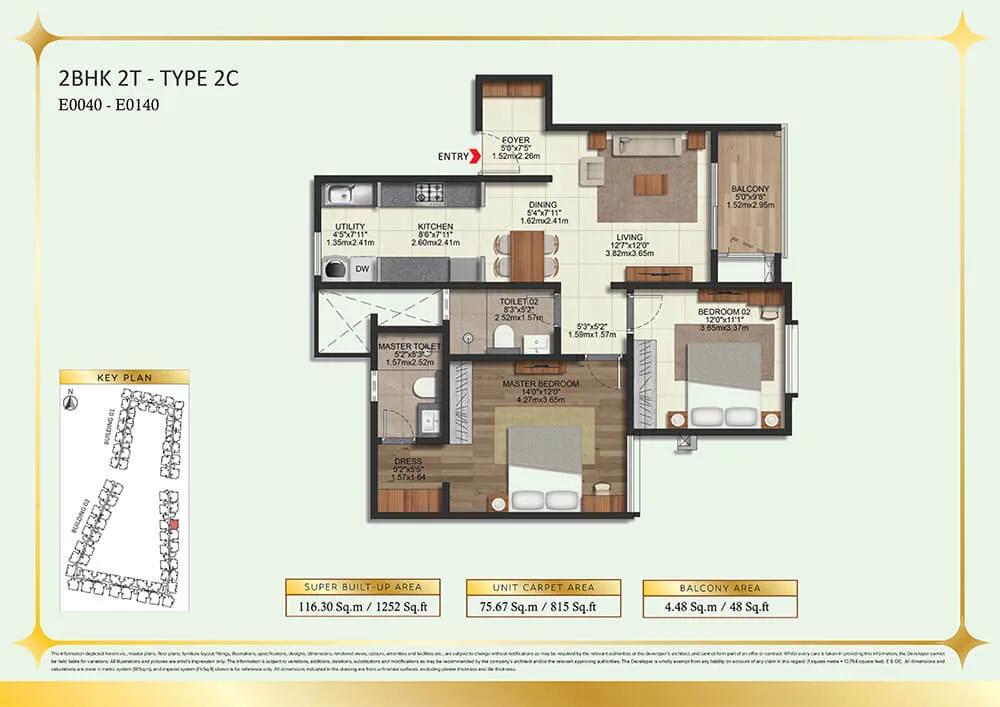 Brigade Eternia 2 BHK floor plan, about 1,252 sq ft