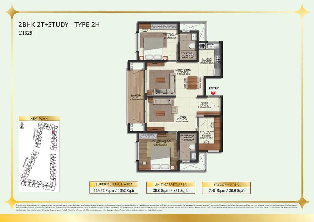 Brigade Eternia 2 BHK floor plan, about 1,362 sq ft