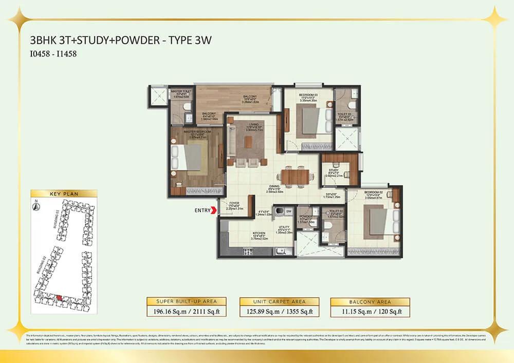 Brigade Eternia 3 BHK floor plan, about 2,111 sq ft