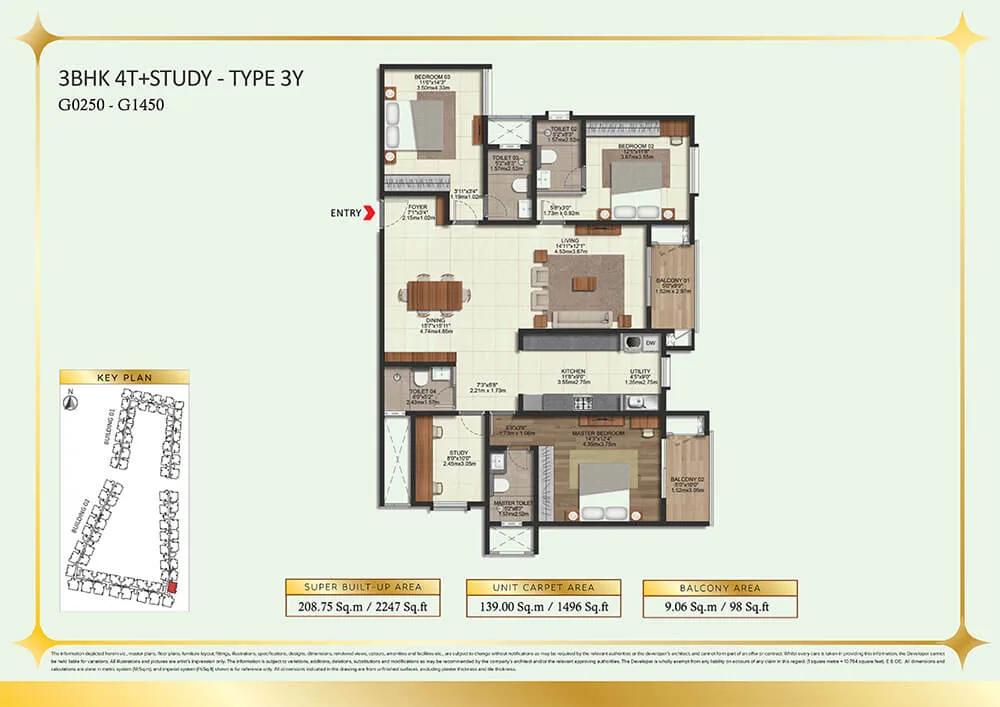 Brigade Eternia 3 BHK floor plan, about 2,247 sq ft