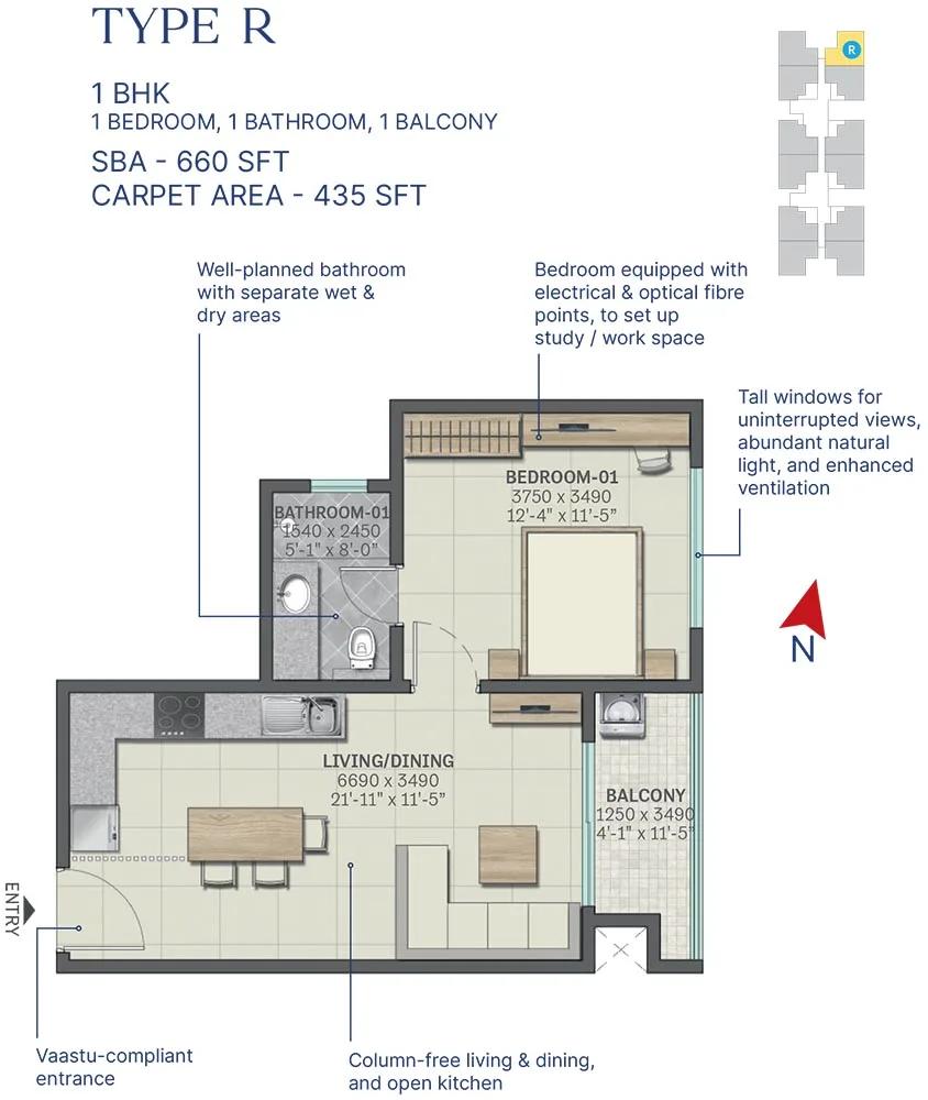 Sobha Neopolis 1 BHK floor plan, about 660 sq ft