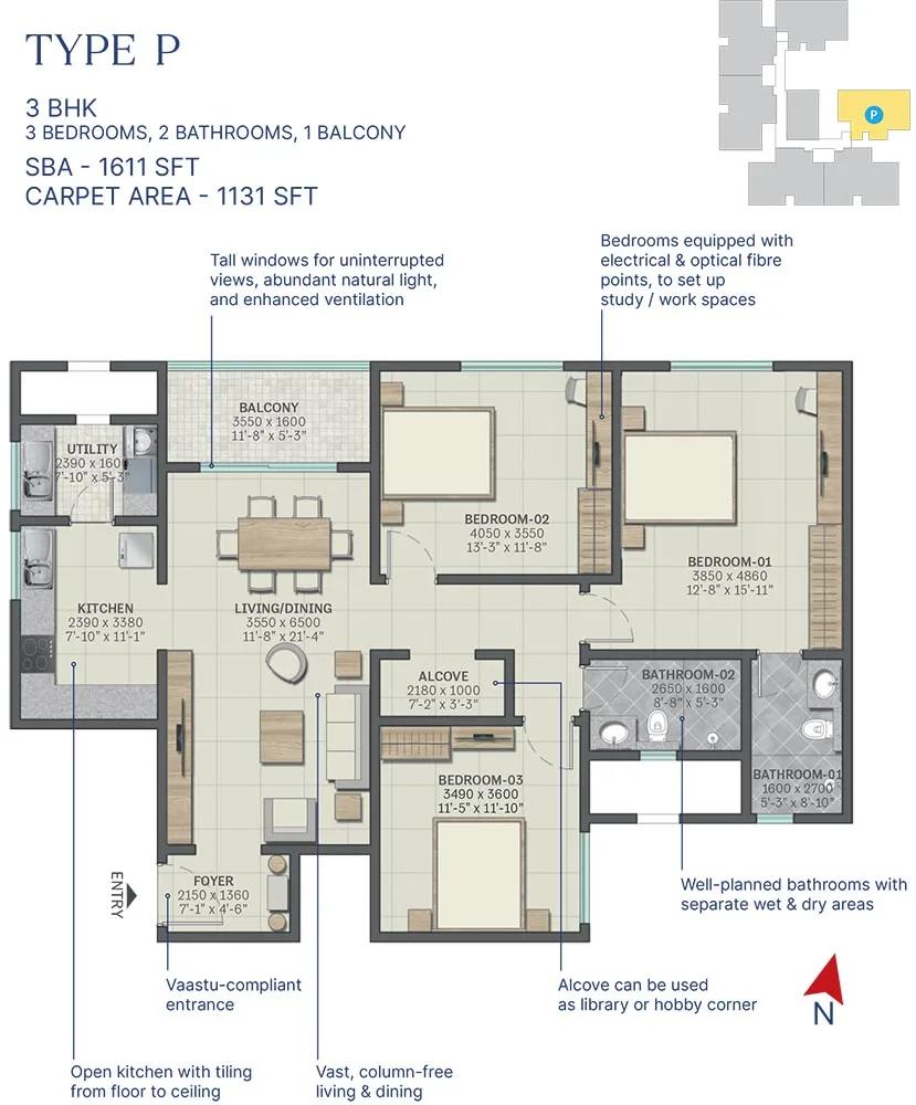 Sobha Neopolis 3 BHK floor plan, about 1,611 sq ft