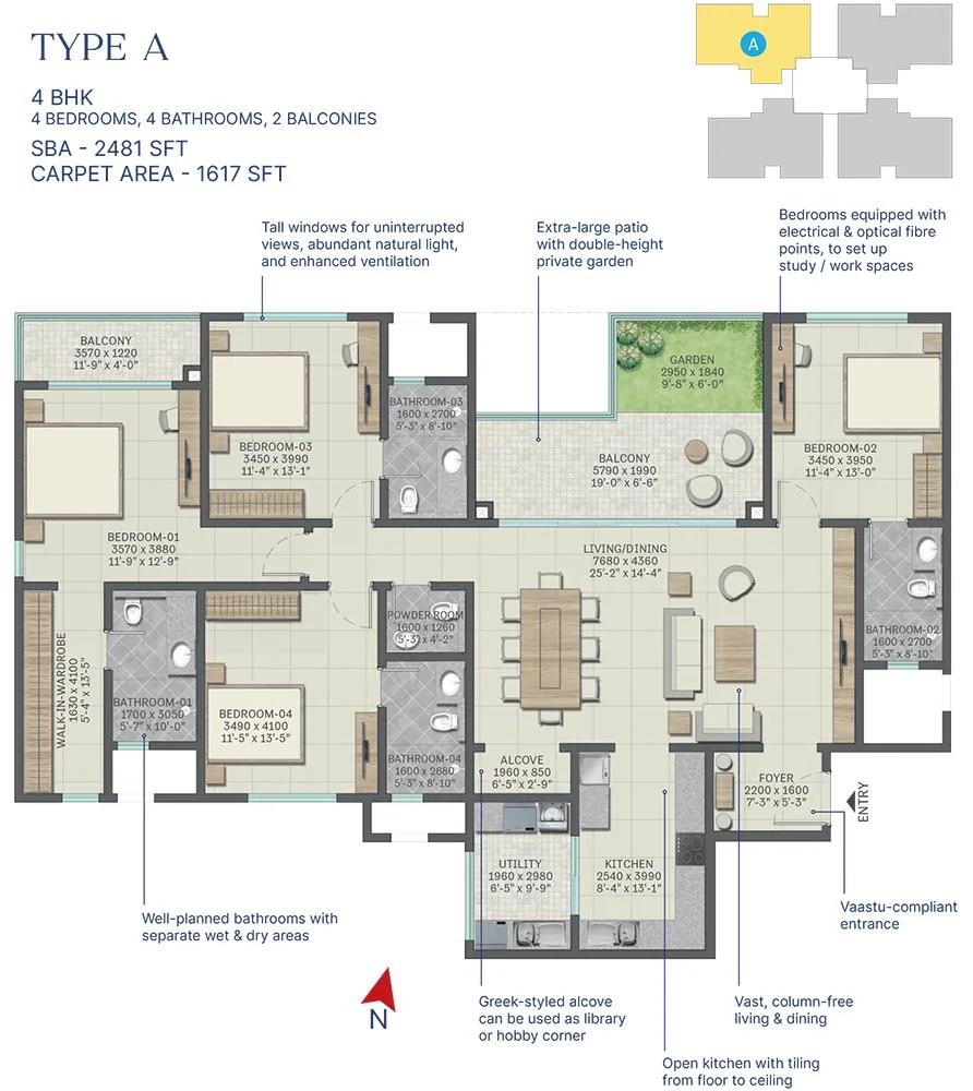 Sobha Neopolis 4 BHK floor plan, about 2,481 sq ft