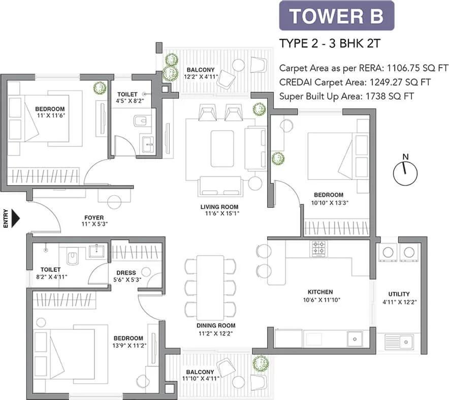 Assetz 22 & Crest 3 BHK floor plan, about 1,738 sq ft