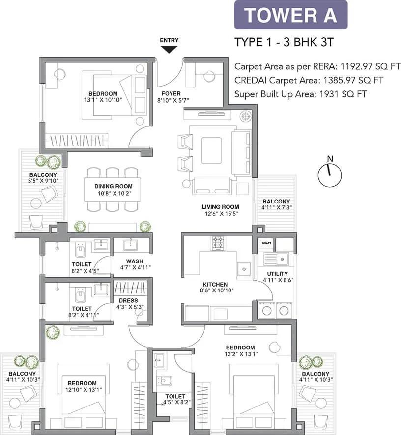 Assetz 22 & Crest 3 BHK floor plan, about 1,931 sq ft