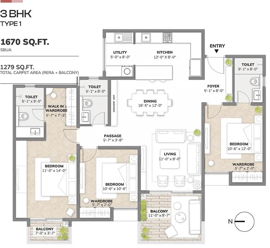 Assetz Sora and Saki 3 BHK floor plan, about 1,670 sq ft