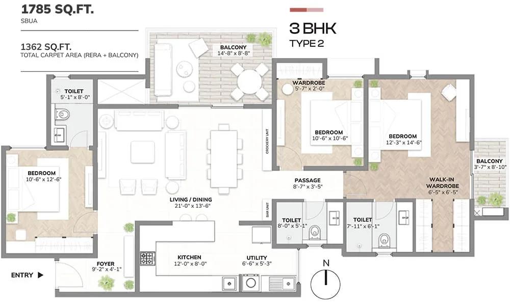 Assetz Sora and Saki 3 BHK floor plan, about 1,785 sq ft
