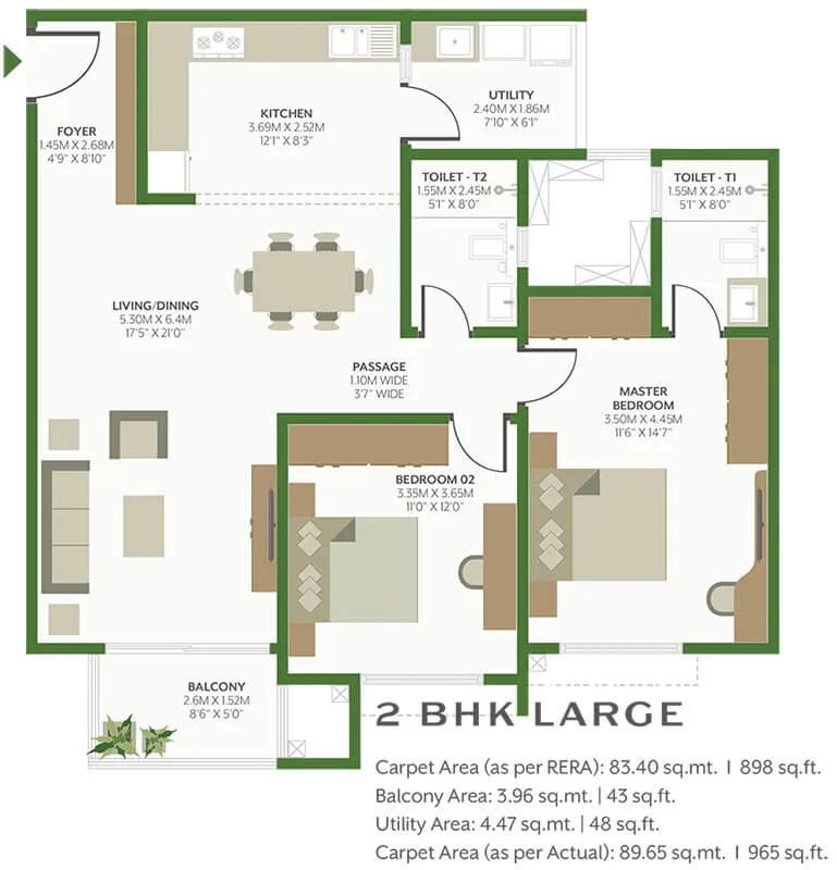 Alembic Cloud Forest 2 BHK floor plan, about 965 sq ft