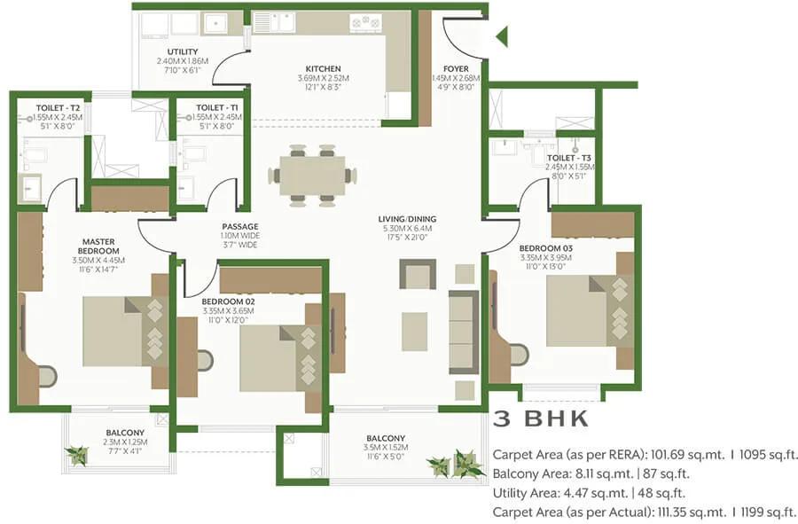 Alembic Cloud Forest 3 BHK floor plan, about 1,199 sq ft