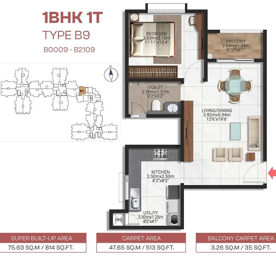 Brigade Lakecrest 1 BHK floor plan, about 814 sq ft