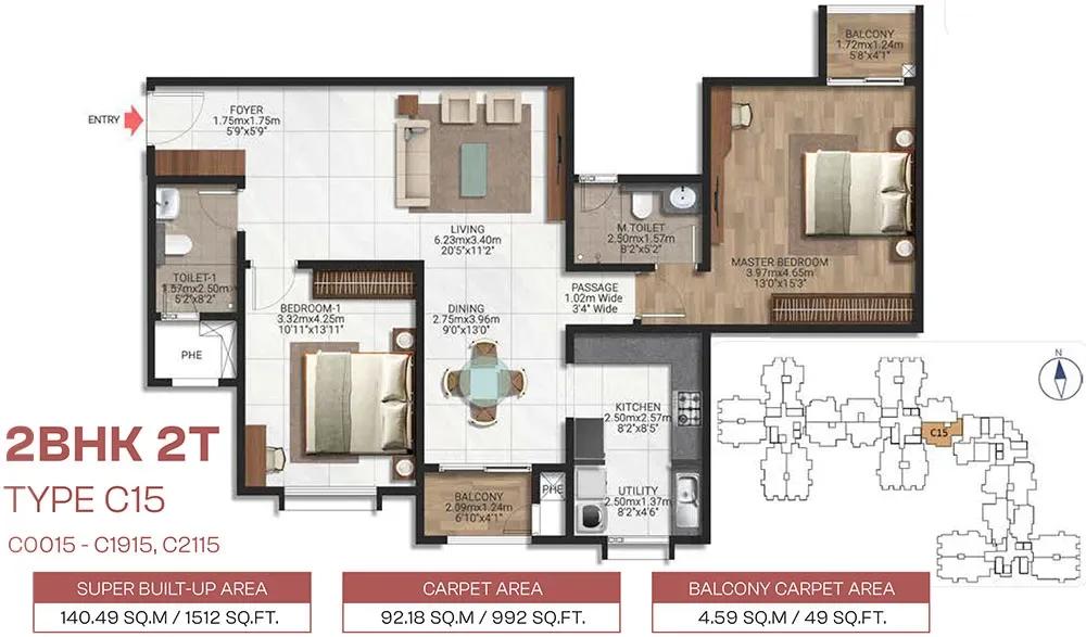 Brigade Lakecrest 2 BHK floor plan, about 1,512 sq ft