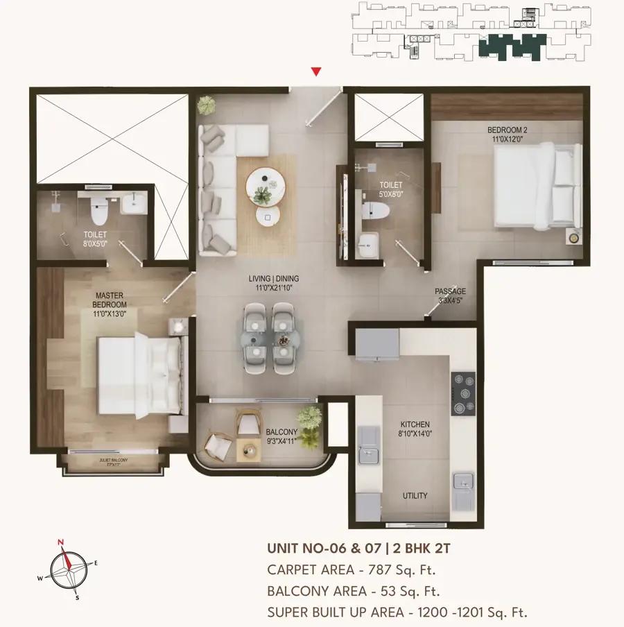 Concorde Sienna 2 BHK floor plan, about 1,201 sq ft