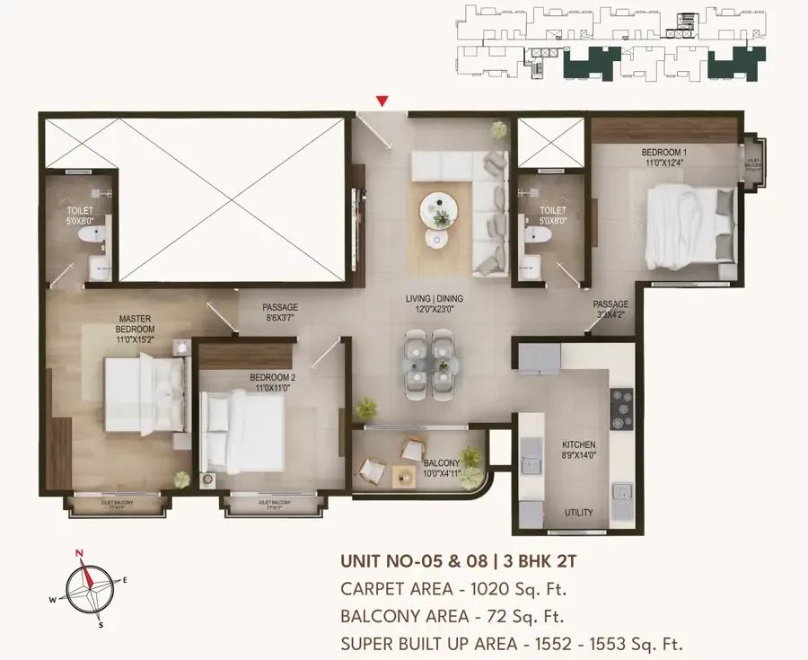 Concorde Sienna 3 BHK floor plan, about 1,553 sq ft
