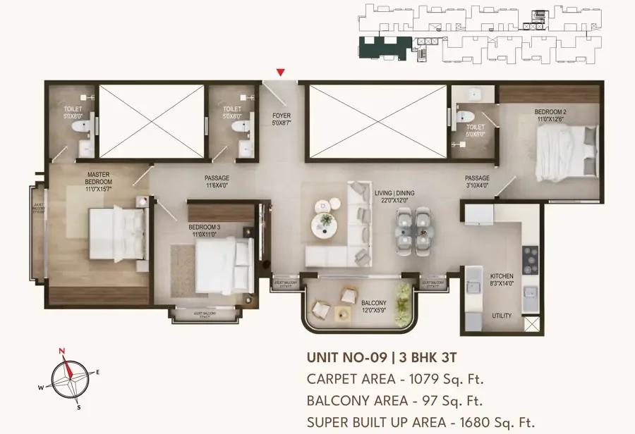 Concorde Sienna 3 BHK floor plan, about 1,680 sq ft