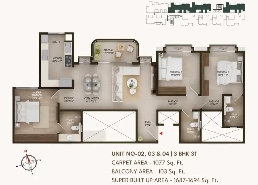 Concorde Sienna 3 BHK floor plan, about 1,687 sq ft
