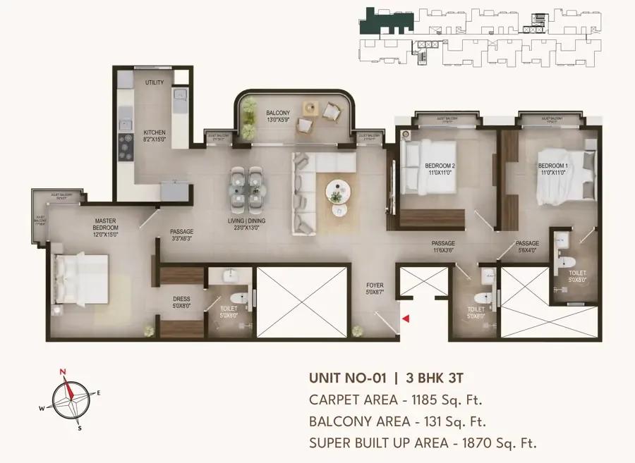 Concorde Sienna 3 BHK floor plan, about 1,870 sq ft