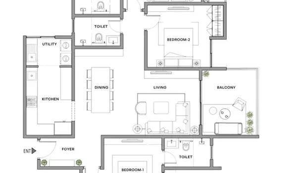 Assetz Miru & Miyo 3 BHK floor plan with balcony and utility